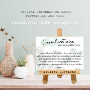 Cartão com o significado do cristal de aventurina verde, presentes metafísicos de pedras, propriedades dos cristais, usos da energia de cura, cartão com informações sobre espécimes de rocha para impressão