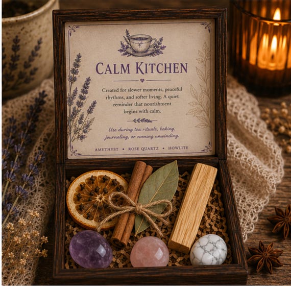 Calming Crystal Set, Wood Kitchen Keepsake Box, Mindful Living Self Care Gift, Cottagecore Decor