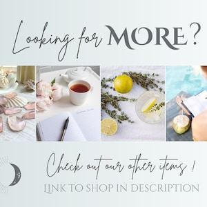Pu&ograve; includere: Un collage di immagini che presenta una variet&agrave; di articoli, tra cui cristalli, t&egrave;, un bicchiere d'acqua con lime, una noce di cocco e un taccuino. Il testo "Looking for MORE?" e "Check out our other items! LINK TO SHOP IN DESCRIPTION" &egrave; incluso anche nell'immagine.