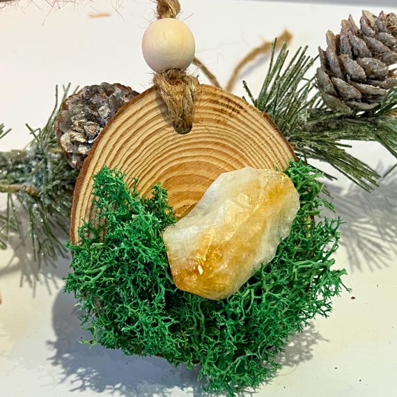 Cottage Prosperity Blessing Ornament, Citrine Charm on Wood Slice, Moss Cottagecore Decor for Intentions