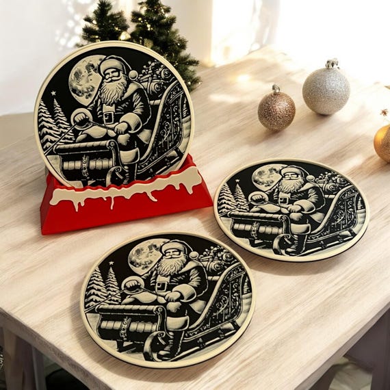 Christmas Drink Coasters Santa Sleigh Black and White, Holiday Beverage Coasters, Christmas Decor, Festive Drink Mats, Santa Themed Coasters