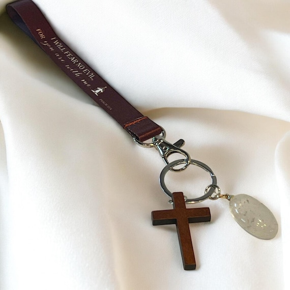 Brown Cross Wristlet Keychain, Christian Courage Keyring, Scripture Strap + Clear Quartz Crystal