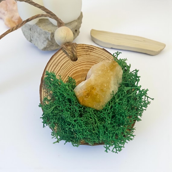 Cottage Hearth Citrine Blessing Ornament, Rustic Wood Slice Prosperity Crystal, Cottagecore Home Blessing Decor