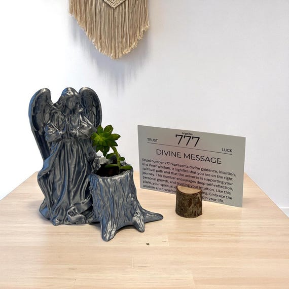 Silver Angel 777 Succulent Planter with Sedum Adolphi, Spiritual Luck and Alignment Gift