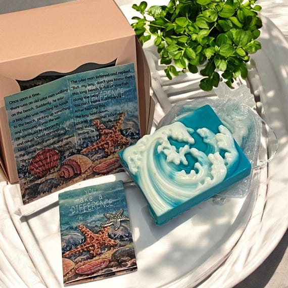 Ocean Scene Goats Milk Soap Gift Set, Starfish Story Card with Silver Pin, Teacher Gift, Uplifting Gift, Wedding Shower Favor, Party Favor