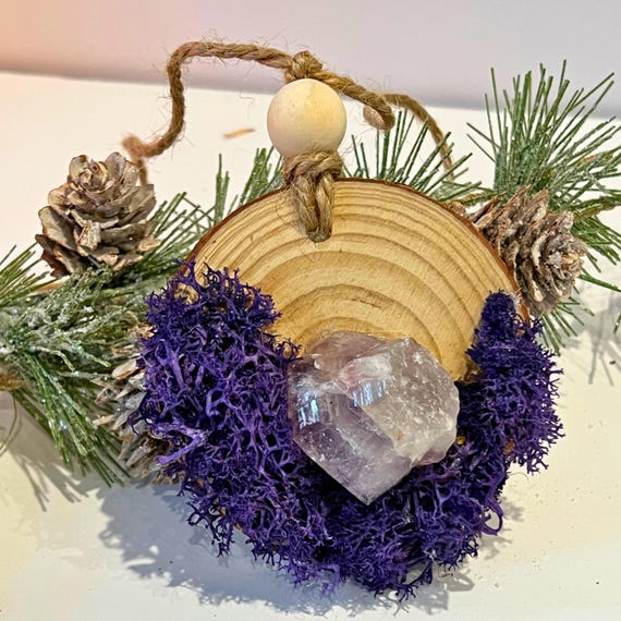 Cottage Calm Blessing Ornament Amethyst, Crystal Wood Slice Moss Cottagecore Window & Tree Hanging Decor