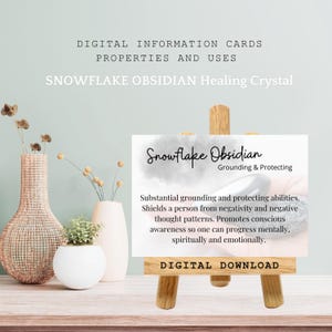 Cartão com o significado do cristal de obsidiana floco de neve, presente de pedra metafísica, propriedades do cristal, usos da energia de cura, cartão com informações sobre espécimes de rocha para impressão