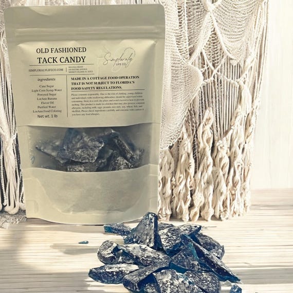Blue Old Fashioned Hard Tack Candy, Nostalgic Broken Glass Rock Candy, Handmade Gift Bag