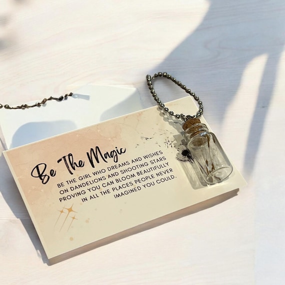 Dandelion Wish Bottle Necklace with Motivational Card, Whimsical Cottagecore Botanical Jewelry Gift