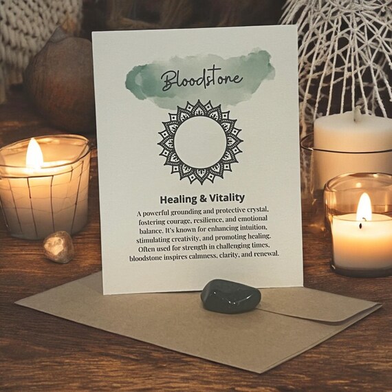 Bloodstone Crystal Meaning Card with Courage Stone, Healing Properties Greeting Card, Meditation Tool, Crystal Grid Accent, Stocking Stuffer