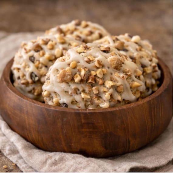 Oatmeal Raisin Cookies, Vanilla Glaze Drizzle, Cinnamon Walnut Pecan Topping, Homemade Gourmet Tea Cakes