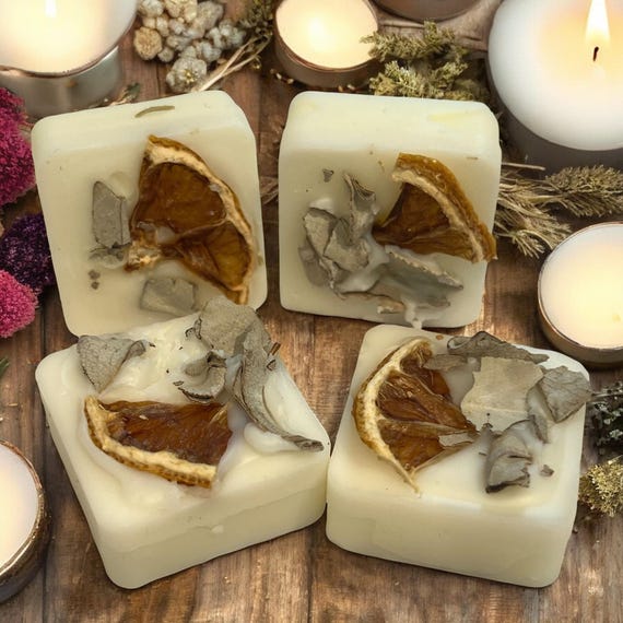 Herbal Infused Soy Wax Melt Cubes Set of 12, Sage and Orange Scented Wax, Natural Aromatherapy Tart Melts, Fresh Citrus Sage Home Fragrance