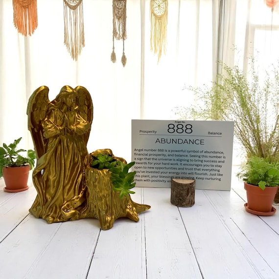 Gold Angel 888 Succulent Planter with Sedum Adolphi, Spiritual Abundance and Prosperity Gift