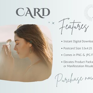 Pu&ograve; includere: Una carta di download digitale con una donna che tiene un cristallo. La carta misura 14 cm per 10,8 cm ed &egrave; disponibile in formato PNG e JPG. Il testo "CARD" &egrave; in cima alla carta e il testo "Features" &egrave; sotto l'immagine. Il testo "Purchase now!" &egrave; in fondo alla carta.