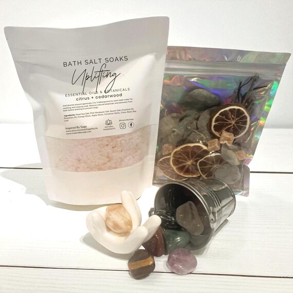 Uplifting Wellness Bath Salt Gift Set, Botanical Soak with Healing Crystals, Aromatherapy Bath, Ritual Self-Care, Positive Energy Kit