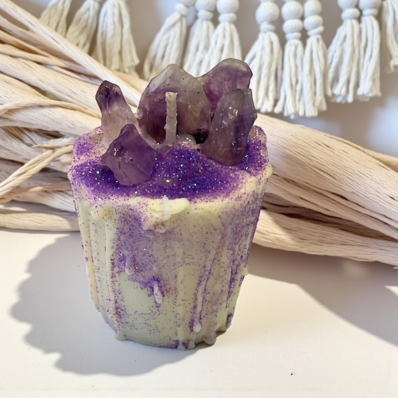Intentional Soy Votive Drip Candle: Amethyst Crystal with Purple Glitter