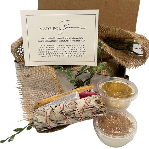 Self Care Wax Melt Gift Set with Crystals, Sage, Palo Santo, Selenite Wand, Mindfulness Gift Box, Proverbs Woman Card, Gift for Friends