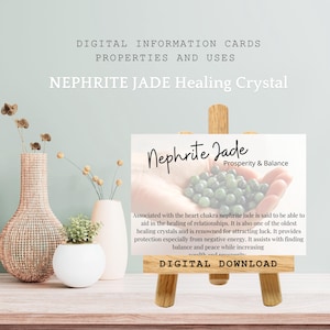 Cartão com o significado do cristal de jade nefrita, presente metafísico da pedra, propriedades do cristal, usos da energia de cura, cartão com informações sobre espécimes de rocha para impressão
