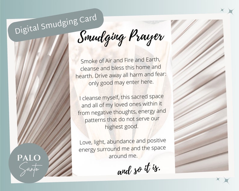 Pu&ograve; includere: Una carta digitale di purificazione con uno sfondo beige e un design a foglia di palma. La carta presenta una preghiera per purificare e benedire una casa e un focolare. Il testo recita "Preghiera di purificazione" e include le parole "Fumo di aria, fuoco e terra, purifica e benedici questa casa e questo focolare. Allontana ogni male e ogni paura: solo il bene pu&ograve; entrare qui. Mi purifico io stesso, questo spazio sacro e tutti i miei cari che sono al suo interno da pensieri negativi, energia e schemi che non servono al nostro bene superiore. L'amore, la luce, l'abbondanza e l'energia positiva mi circondano, me e lo spazio intorno a me. e cos&igrave; sia."