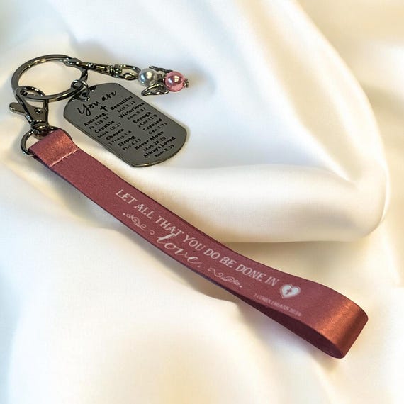 Pink Scripture Wristlet Keychain, Christian Encouragement Keyring, Angel Charm + Engraved Tag