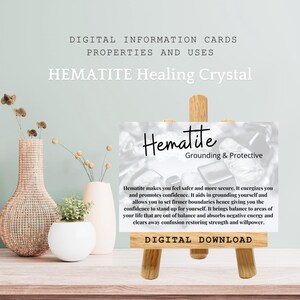 Cartão com o significado do cristal de hematita, presentes metafísicos de pedras, propriedades dos cristais, usos da energia de cura, cartão com informações sobre espécimes de rocha para impressão