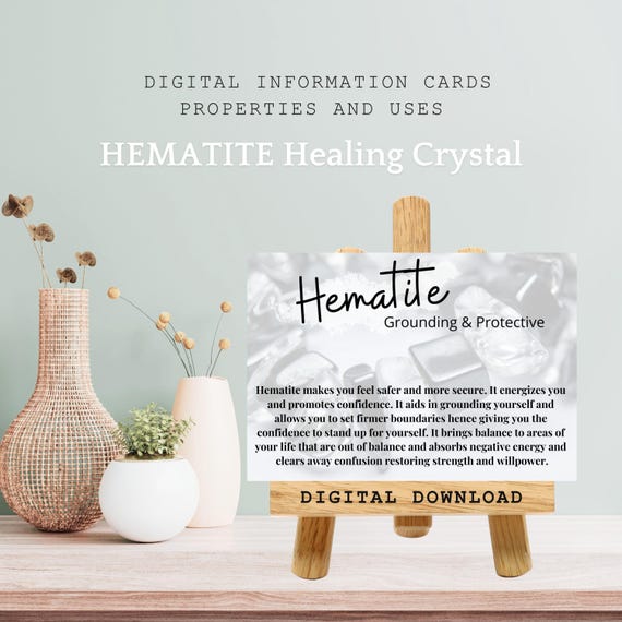 Hematite Crystal Meaning Card, Metaphysical Stone Gifts, Crystal Properties, Healing Energy Uses, Rock Specimen Information Card Printable