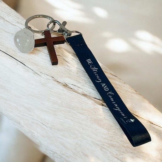Black Cross Wristlet Keychain, Scripture Keyring, Christian Gift with Clear Quartz Charm