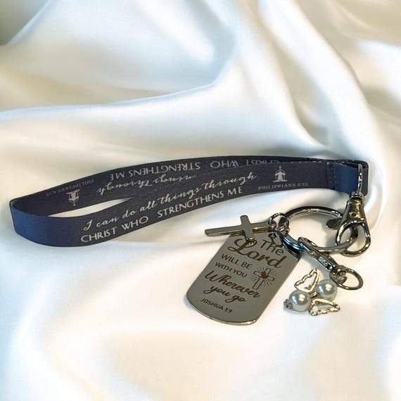 Gray Scripture Wristlet Keychain, Christian Keyring with Angel & Cross, The Lord Is with You Gift