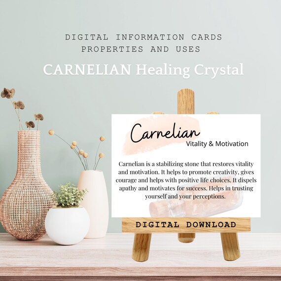 Carnelian Crystal Meaning Card, Metaphysical Stone Gifts, Crystal Properties, Healing Energy Uses, Rock Specimen Information Card Printable