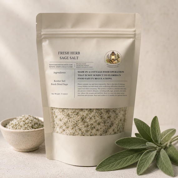 Sage Salt, Gourmet Herb Savory Seasoning, Finishing Salt for Turkey, Potatoes, Autumn Cooking