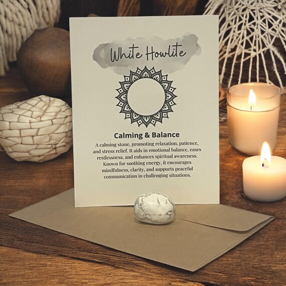 White Howlite Crystal Meaning Card with Tumbled Stone, Healing Pocket Stone, Meditation Aid, Crystal Grids, Stocking Stuffer Gift Idea