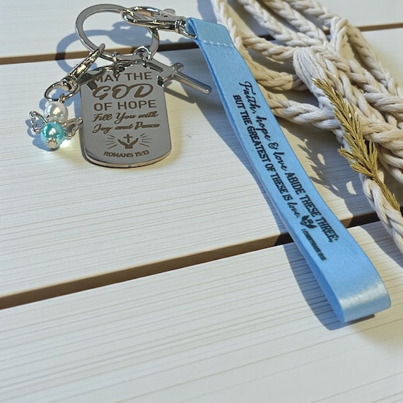 Blue Angel Wristlet Keychain, Faith Hope Love Scripture Keychain, Engraved Dog Tag Christian Gift