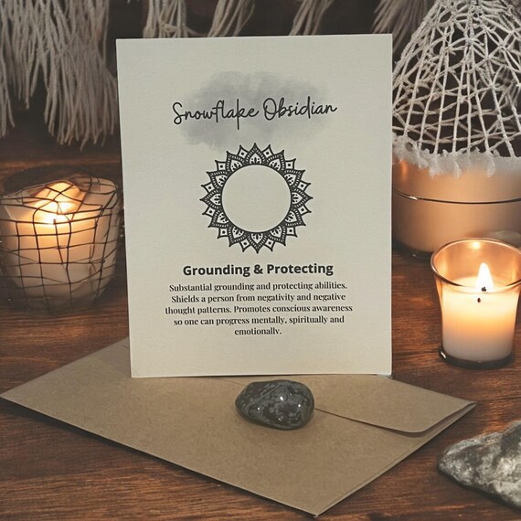 Snowflake Obsidian Crystal Meaning Card with Healing Stone, Meditation Tool, Grounding Energy, Stocking Stuffer Idea, Spiritual Present