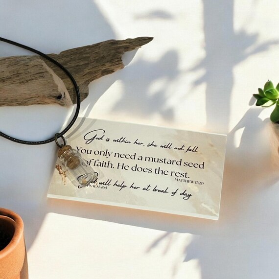 Mustard Seed of Faith Necklace with Scripture Card, Christian Bottle Pendant Jewelry Gift