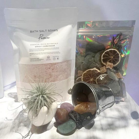 Peace Wellness Bath Salt Gift Set, Botanical Soak with Healing Crystals, Air Plant & Ceramic Holder, Relaxation Ritual Self-Care Kit
