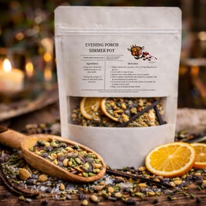 May include: A clear bag of "Evening Porch Simmer Pot" with ingredients like orange peel, vanilla bean pieces, and spices. A wooden scoop filled with the potpourri sits in front of the bag, along with orange slices. The bag contains the text "SIMPLYBALY.COM".