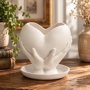 May include: A matte white ceramic planter shaped like two hands cupping a heart. The vessel features a smooth, rounded heart-shaped opening at the top and rests on a matching circular base tray, creating a unified sculptural form for small plants.