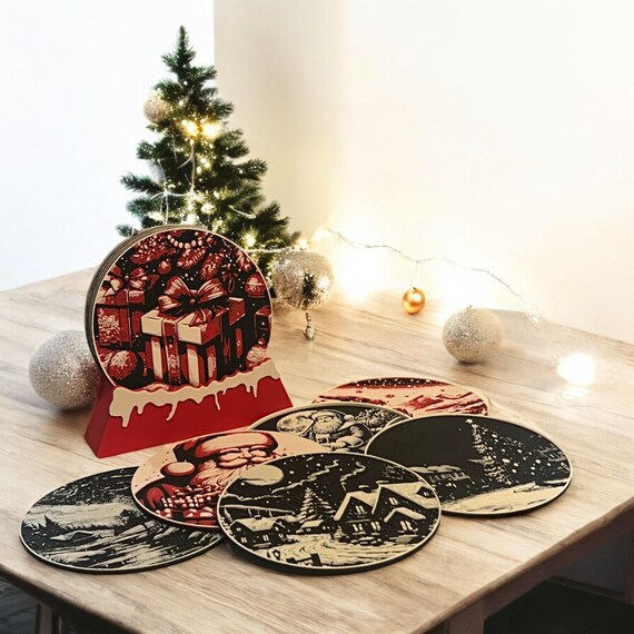 Christmas Drink Coasters Set of 6 or 8 Festive Designs, Holiday Table Decor, Seasonal Reusable Coasters, Drink Mats, Christmas Party Gift
