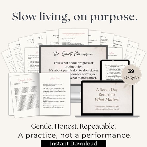 Seven-Day Return to What Matters Gentle Guided Journal + Micro eBook, Slow Living Emotional Reset
