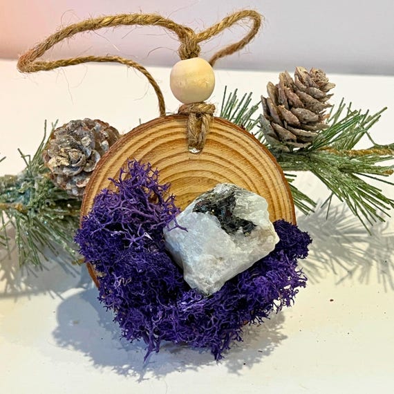 Cottage Moon Blessing Ornament Moonstone, Crystal Home Charm, Wood Slice Moss Window or Tree Hanging