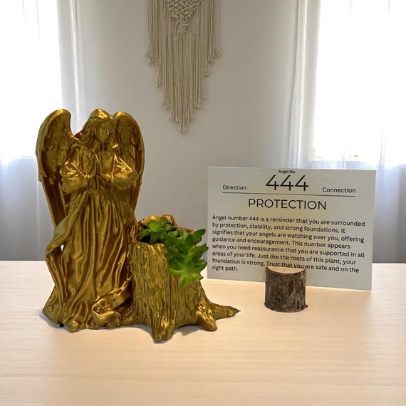 Gold Angel 444 Succulent Planter with Sedum Adolphi, Spiritual Protection and Guidance Gift