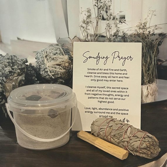 Crystal Mining Bucket with Palo Santo & Sage Wand, Gemstone Gift Set, Smudging Prayer Card, Energy Cleansing Kit, Mindful Living Tools