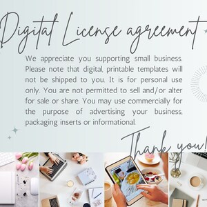 Pu&ograve; includere: Un accordo di licenza digitale con una grafica di luna e stelle. Il testo recita: "Accordo di licenza digitale. Apprezziamo il tuo supporto alle piccole imprese. Tieni presente che i modelli digitali stampabili non ti saranno spediti. Sono per uso personale esclusivo. Non &egrave; consentito venderli o modificarli per venderli o condividerli. Puoi usarli commercialmente per la pubblicit&agrave; della tua attivit&agrave;, inserti di imballaggio o informazioni. Grazie!"