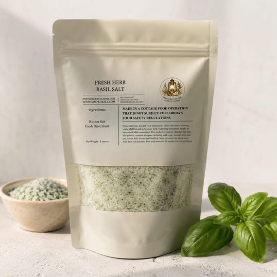 Basil Salt, Fresh Gourmet Herb Blend, Finishing Salt for Cooking, Tomatoes & Pasta