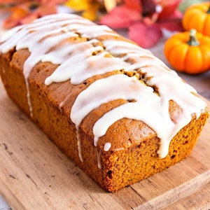 May include: A loaf of pumpkin bread with white icing drizzled over the top. The bread is a warm orange color and sits on a wooden cutting board. Two small pumpkins are in the background.