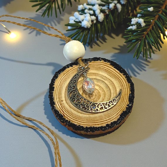 Crescent Moon Ornament, Celestial Gift, Light Catcher Wood Slice Decor