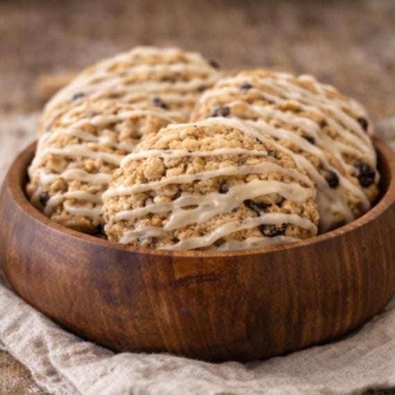 Iced Oatmeal Raisin Cookies, Vanilla Almond or Maple Homemade Bakery Tea Cakes, Gourmet Dessert