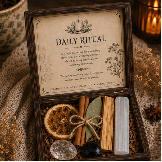 Daily Ritual Crystal Set, Cottage Kitchen Decor, Mindful Living Wooden Keepsake Box