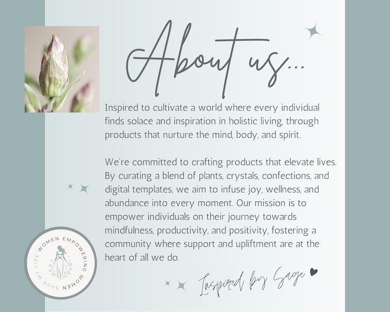 Pu&ograve; includere: Una grafica blu chiaro e bianca con il testo "About us..." e "Inspired by Sage". Il testo descrive un'azienda che crea prodotti per elevare la vita curando un mix di piante, cristalli, dolciumi e modelli digitali. L'azienda punta a infondere gioia, benessere e abbondanza in ogni momento. La grafica presenta anche una piccola immagine di un bocciolo di fiore.