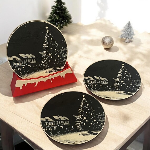 Christmas Drink Coasters Black & White Holiday Tree, Minimalist Christmas Coasters, Holiday Table Mats, Christmas Decor, Modern Xmas Accents